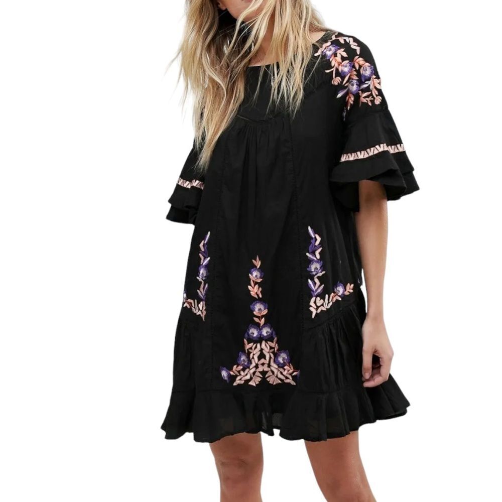 Free People Pavlo Babydoll Embroidered Ruffled Dress Black Pink Purple Size XS